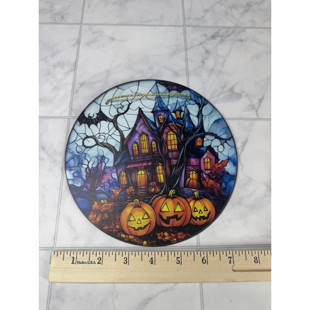 Chengy Co Halloween Haunted House Pumpkin Stained Glass Style Suncatcher 7.5
